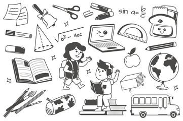 Back to school set in flat line style. This adorable set features school supplies that symbolize back to school. Vector illustration.