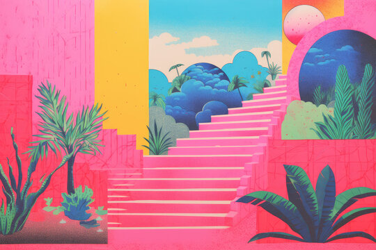 Aesthetic collage background with riso print effect. Grainy color fades, large shapes, exaggerated figures and layering of different subjects in risograph style