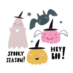 Happy Halloween cute vector set with cartoon  bat, pumpkin, ghost
