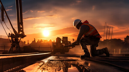 A construction worker with a pouring concrete pump on construction site, sunset background