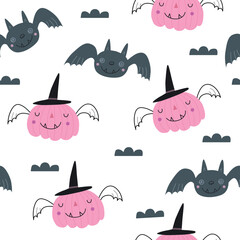 Happy Halloween cute vector seamless pattern with cartoon  bat and pumpkin