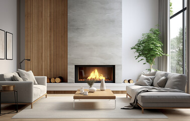 Mock up poster in modern home interior with fireplace, Scandinavian style, generative AI	
