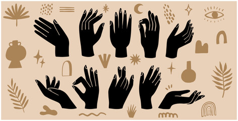Set of vector hand gestures in a boho illustration style. Trendy hippie look. Branding, pattern, header design.
 - obrazy, fototapety, plakaty