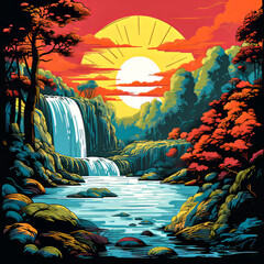 Pop Art Nature Waterfall. Generative AI.
A digital illustration of a natural waterfalls in the Pop Art style.