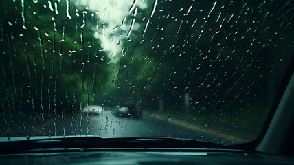 araffe view of a car driving down a rain covered road Generative AI - obrazy, fototapety, plakaty