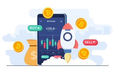 Cryptocurrency trading and growing concept flat illustration vector template, Bitcoin rising, Stock exchange scene with mobile phone, chart, numbers and SELL and BUY options,Crypto investment strategy