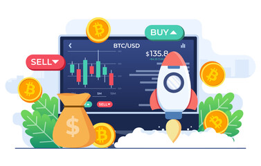 Cryptocurrency trading and growing concept flat illustration vector template, Bitcoin rising, Stock exchange scene with computer, chart, numbers and SELL and BUY options, Crypto investment strategy