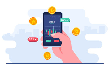 Hand-holding mobile phone with financial app on screen to buy or sell shares of stock market, Profit from currency exchange services, Bitcoin, Investment concept, Cryptocurrency trading strategy - obrazy, fototapety, plakaty