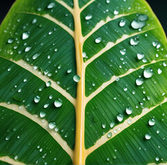 close up tropical leaf with drops of water 