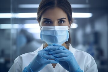 a medical mask and gloves are worn in front of a woman