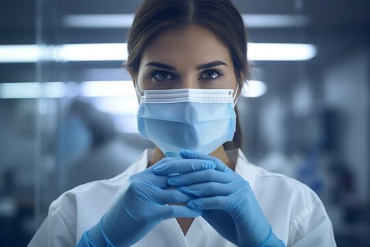 A Medical Mask And Gloves Are Worn In Front Of A Woman