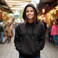 Fototapeta premium Illustration of a fashion portrait with plain hoodie mockup, AI Generated
