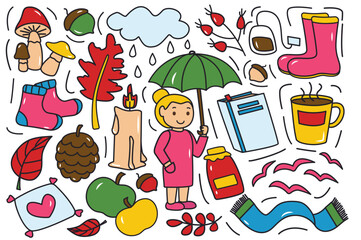 Autumn colorful stickers in flat design. These charming cartoon illustrations featuring autumn elements will infuse warmth and coziness into designs. Vector illustration.