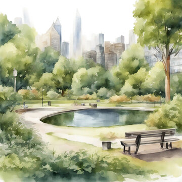 Urban City Park Landscape - Watercolor Painting Drawing - Generative AI