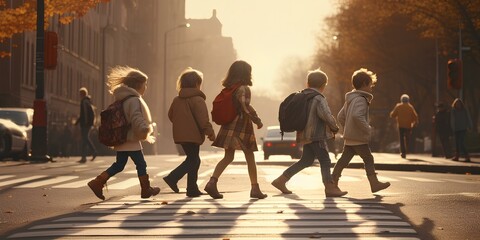 School children cross the road in the city, the concept of traffic rules, increased attention of drivers, pedestrian crossing. - obrazy, fototapety, plakaty