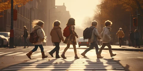 Deurstickers School children cross the road in the city, the concept of traffic rules, increased attention of drivers, pedestrian crossing. © Vadim