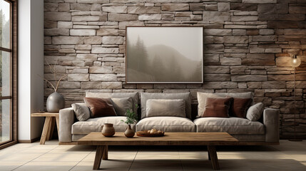 Minimalist Living Room with Stone Texture Wall and Grey Sofa