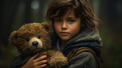arafed child holding a teddy bear in a forest Generative AI