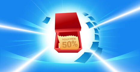 Opened gift box with discount codes flying around in order, blue gift box, with many discount codes