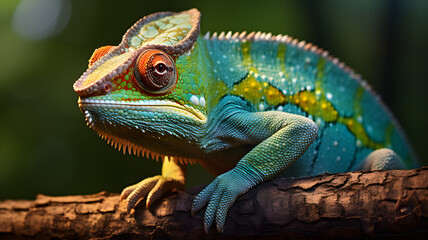 Obraz premium araffe sitting on a branch with a green and yellow head Generative AI