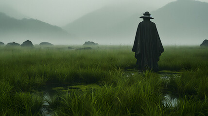 man in a cloak and hat standing in a field Generative AI