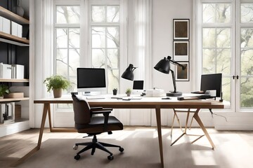 an elegant home office with a sleek desk, ergonomic chair, and large windows for natural light.