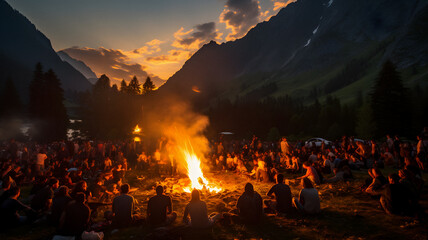 people sitting around a campfire in the mountains at sunset Generative AI - obrazy, fototapety, plakaty