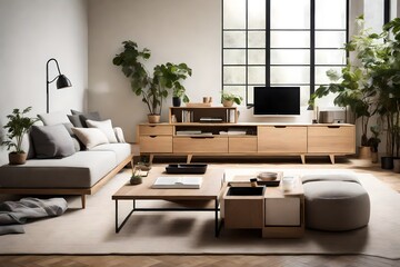 Design a contemporary living room with modular furniture, a minimalist media console, and ample natural light.