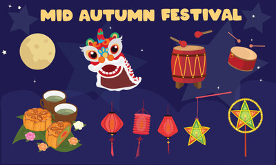 Mid autumn festival vector set. 
Moon festival clip art. Drum, star lantern, lantern, lion dance, moon cake, tea cup. Toy for veitnamese children in mid autumn festival. Flat vector in cartoon style.