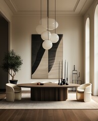 Monochrome interior of a dining room in modern contemporary scandinavian style, furniture design