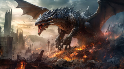  Mythical dragon destroys the city. Generative AI