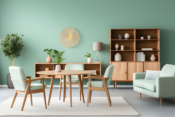 Mint colored chairs along with round wooden dining table in living room with sofa and cabinet near the green wall, mid-century Scandinavian, home interior design of a modern living room
