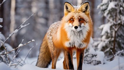 Obraz premium red fox standing in the snow in the woods Generative AI
