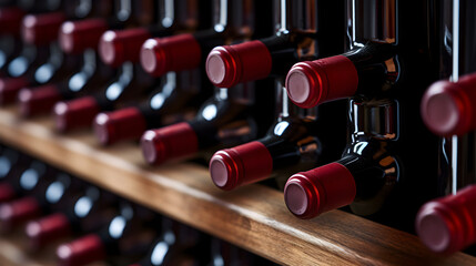 Red wine bottles stacked on racks - obrazy, fototapety, plakaty