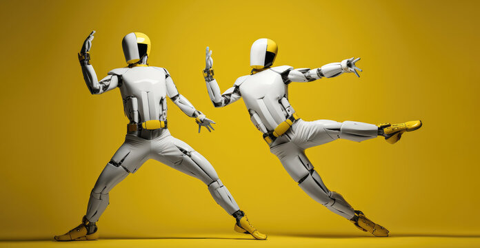 Two crash test dummies dancing together in yellow studio