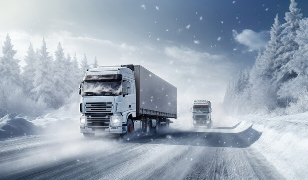 Trucks Driving On Slippery Road With Snow In Winter