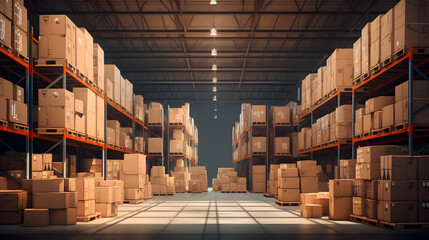 Storage shelves in warehouse with cardboard boxes, Industrial background - obrazy, fototapety, plakaty