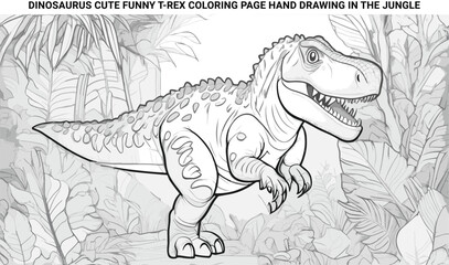 Naklejka premium dinosaurus cute funny t-rex coloring page hand drawing in the jungle