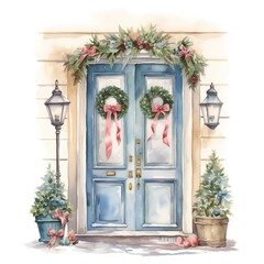 Fototapeta na wymiar Watercolor decorated Christmas house doors on white background Generative AI