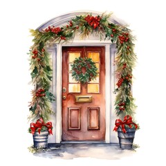 Watercolor decorated Christmas house doors on white background Generative AI