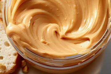 Close up of a creamy peanut butter jar, emphasizing its silky texture. Generative AI