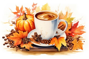 Autumn illustration with coffee cup, pumpkin, yellow leaves and coffee beans on white background