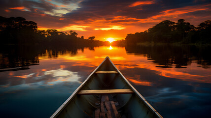 arafed canoe on a river with a sunset in the background Generative AI - obrazy, fototapety, plakaty