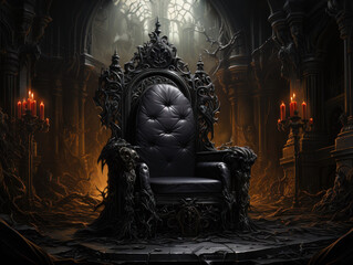 Decorated empty throne hall. Black throne. - obrazy, fototapety, plakaty