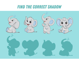 Find correct shadow of cute elephant. Educational logical game for kids. Cartoon elephant.