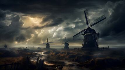 arafed windmills in a field with a stream of water Generative AI