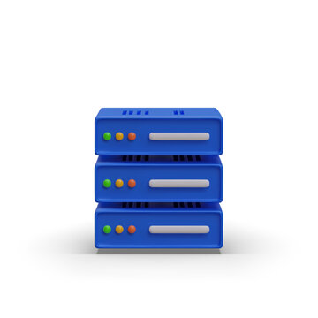 3D blue server, front view. Autonomous performance of tasks. Renting server for mining. Isolated image in cartoon style. Data center. Color web design