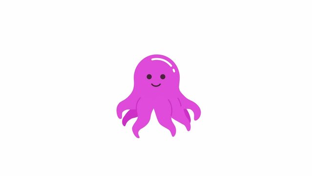 Happy octopus underwater fantasy 2D character animation. Kawaii octopi living creature flat cartoon 4K video, transparent alpha channel. Drifting in water animated animal on white background