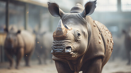 rhino standing in a dirt area with other animals Generative AI - obrazy, fototapety, plakaty