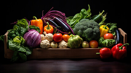 Fresh fruits and vegetables in wooden boxes placed on table on black background.